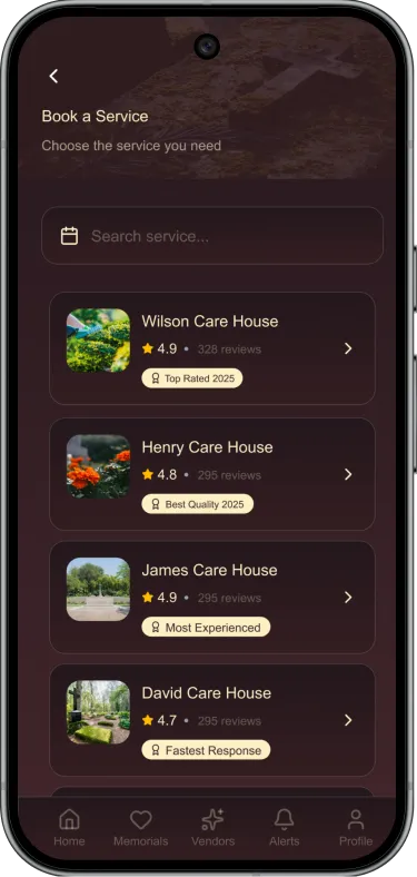 Grave Love App Vendor Screens