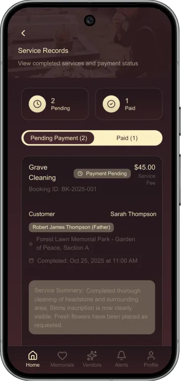 Grave Love App Vendor Screens