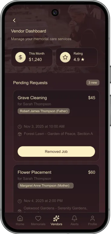 Grave Love App Vendor Screens