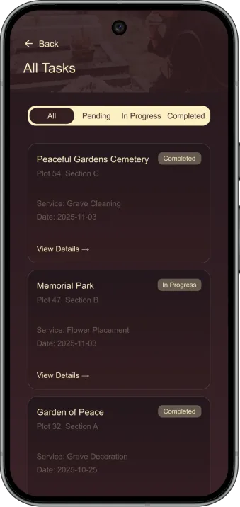 Grave Love App Vendor Screens